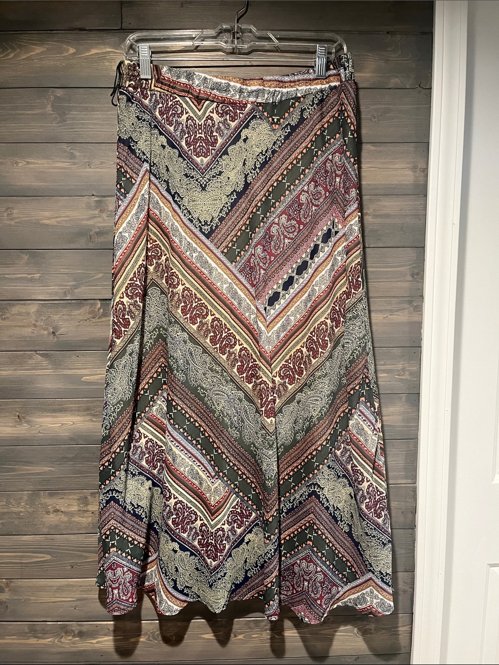 NWOT Westport Chevron Paisley Maxi Skirt in Olive, Burgundy and Cream M